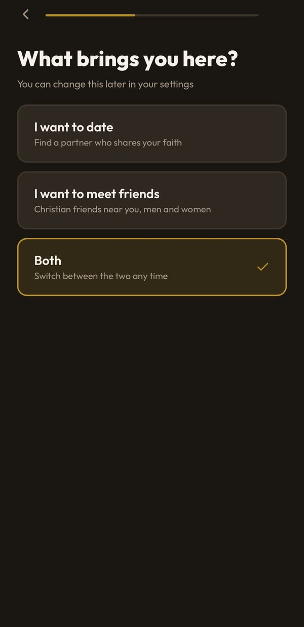 The agape sign-up screen: What brings you here? I want to date, I want to meet friends, or both