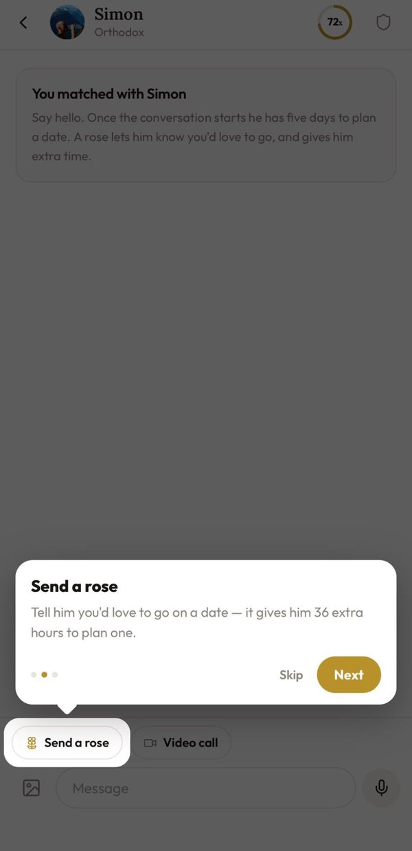 A new match chat: he has five days to plan a date; sending a rose gives him 36 extra hours; video call button