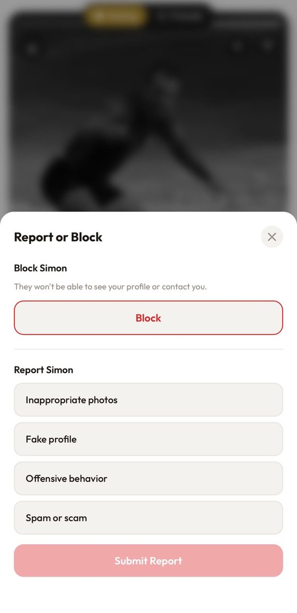 Report or block: block someone, or report inappropriate photos, a fake profile, offensive behaviour, or spam