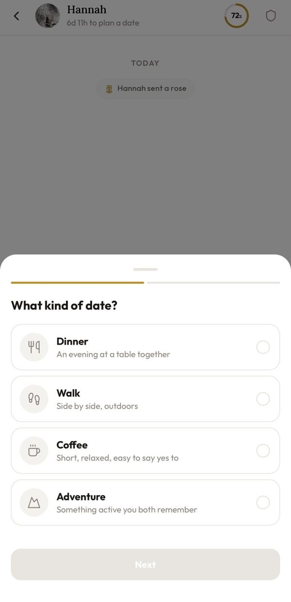 Planning a date: what kind of date? Dinner, walk, coffee or adventure, with 6 days 11 hours left to plan