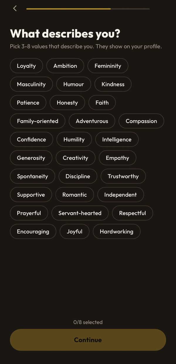 Picking 3 to 8 values such as kindness, honesty, faith, prayerful and family-oriented