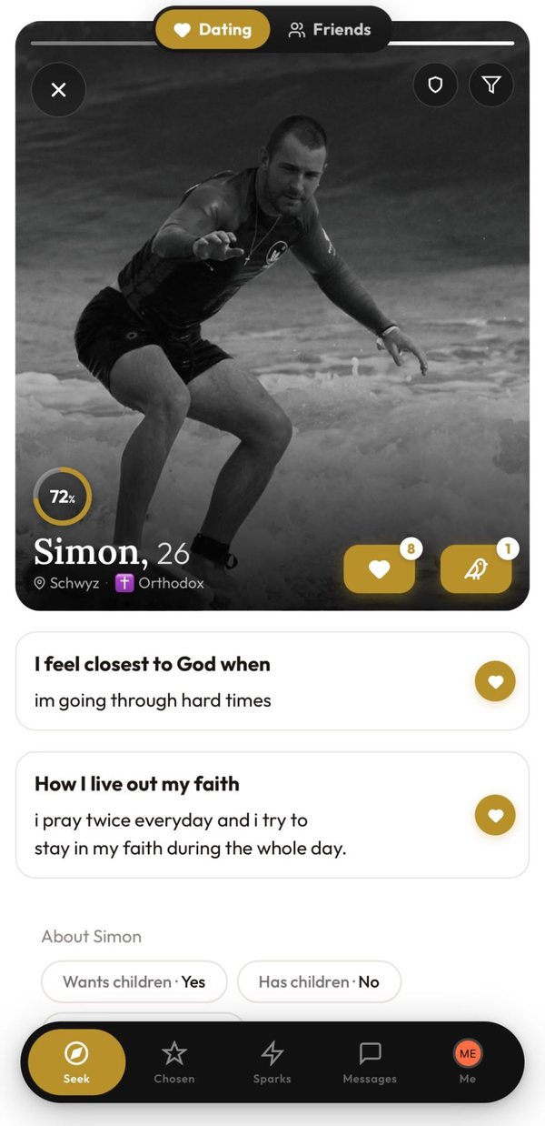 Simon's profile in Seek: Simon, 26, Schwyz, Orthodox, 72% match, with his prompt answers