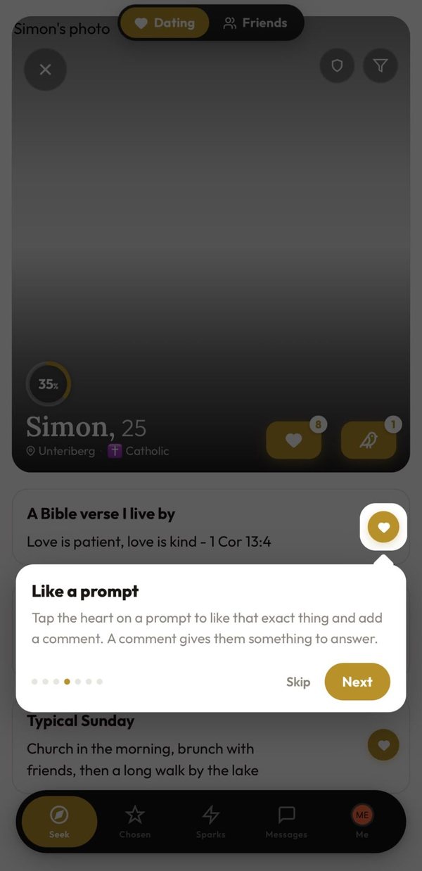 Liking a prompt: tap the heart on an answer to like that exact thing and add a comment