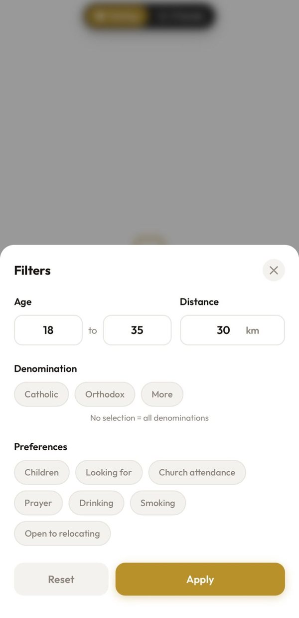 Filters: age, distance, denomination, and preferences such as children, looking for, church attendance, prayer, drinking, smoking and relocating